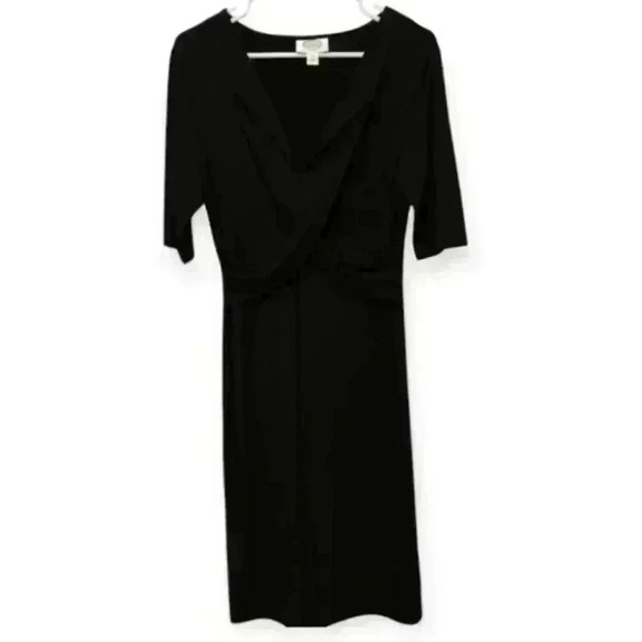 Talbots Vintage Black Dress Size 10 Gathered Wrap Waist Knee Length Half Sleeve - Picture 1 of 7